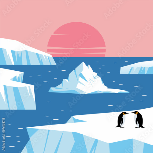 Penguins on Iceberg with Sun Illustration
