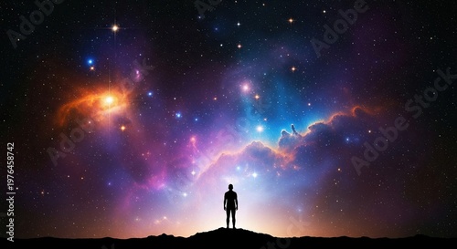 A dark silhouette stands before a vast cosmic horizon where a vibrant nebula glows with intense purples and oranges amidst a sea of stars, energy, blue, glowing