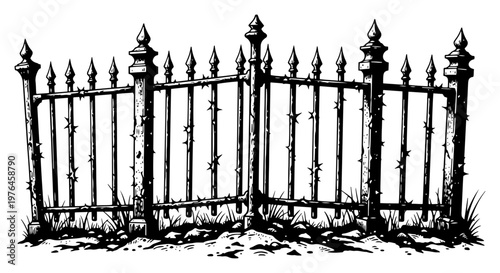 Ornate wrought iron fence with thorns and gate vintage engraving style
