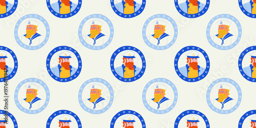 Vintage mariner illustration seamless pattern. Hand drawn retro style old sailor man background. Cartoon character portrait inside boat window.