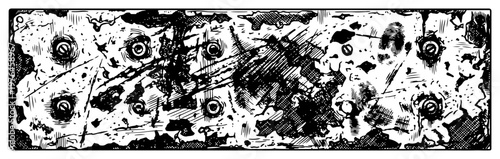 Distressed industrial metal plate with rivets and grunge texture in rough hatching style