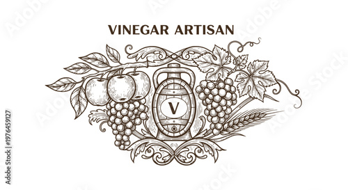 Vintage Engraved Vinegar Artisan Logo with Apples, Grapes, and Wheat