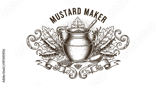 Vintage Mustard Maker Emblem with Engraved Jug, Leaves, and Mustard Seeds