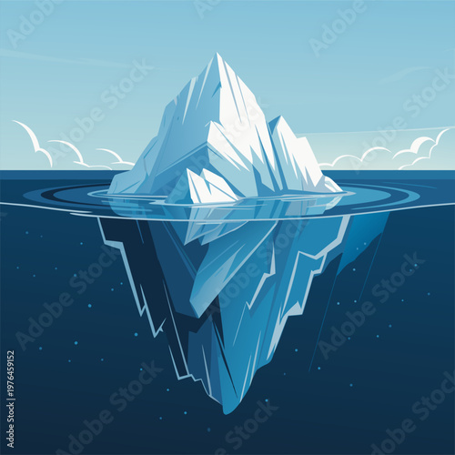 Cartoon Iceberg Floating in Ocean With Half Submerged View