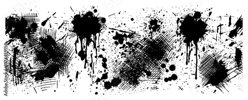 Ink splats and paint drips with cross hatching textures grunge style