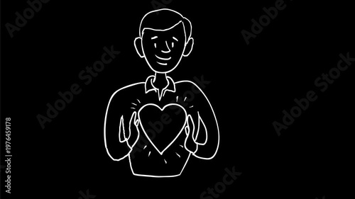 2d Animation motion graphics drawing of a man holding a floating heart front on white, black and green screen in 4K ultra-high-definition.