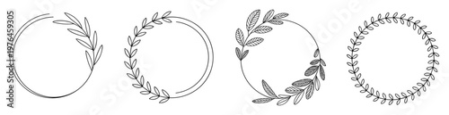 Set of four hand drawn circular floral wreaths with black ink outlines and various leaf patterns on a white background