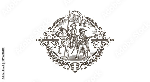 Vintage Engraved Emblem: Cavalry Soldier on Horseback and Infantryman with Rifle