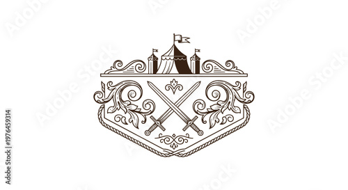 Vintage Engraved Crest with Crossed Swords and Tent Emblem