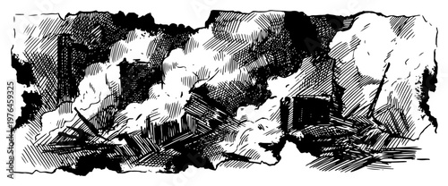 Industrial ruins with smoke clouds and debris vintage hatching style