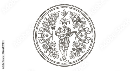 Jester playing lute in circular vintage engraved design with grapes and fleur-de-lis
