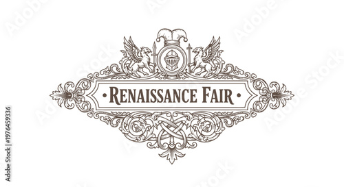 Vintage Renaissance Fair Emblem with Ornate Scrollwork and Mythical Creatures