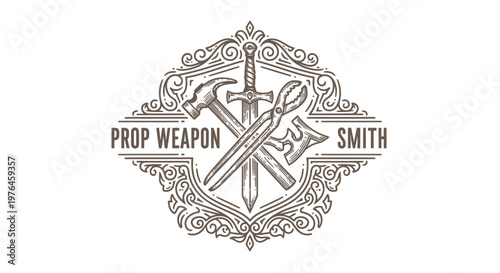 Vintage Engraved Emblem: Hammer, Pliers, Axe, Sword, Prop Weapon Smith Logo