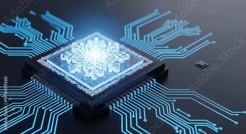 A futuristic microprocessor featuring a glowing crystal snowflake emblem with icy frost textures and neon blue cooling energy circuits, innovation, liquid, cpu
