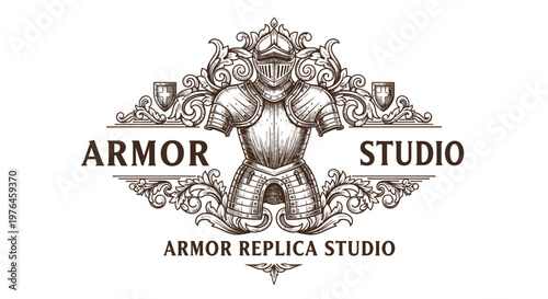Vintage Engraved Knight Armor Logo Emblem with Ornate Scrollwork and Shields