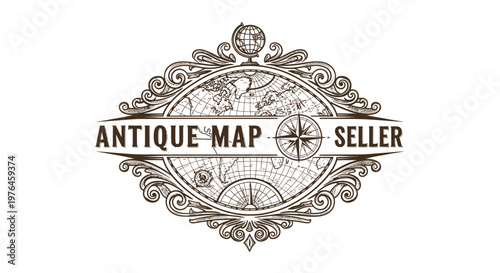 Vintage Antique Map Seller Logo with Compass and Globe, Engraved Emblem