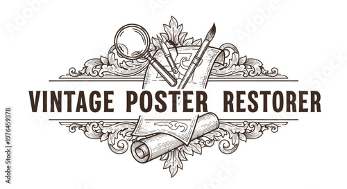 Vintage Poster Restorer Logo: Magnifying Glass, Pens, Scroll, Ornate Frame