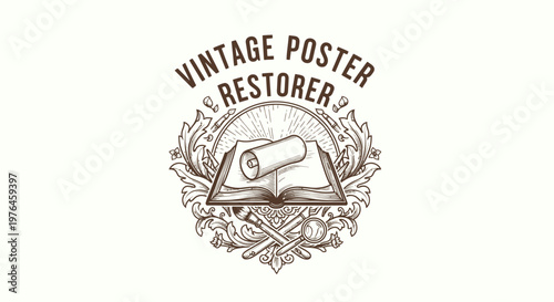 Vintage Poster Restorer Logo - Antique Book, Scroll, and Tools Emblem