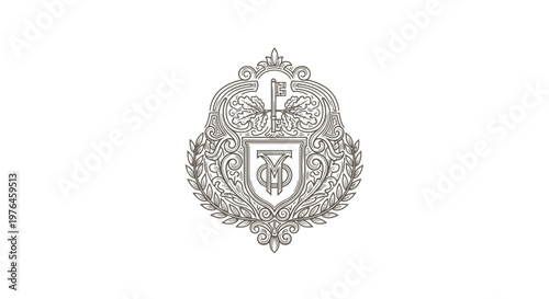 Vintage Engraved Emblem with Key and Laurel Wreath, Heraldic Crest Design