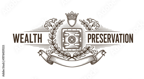 Vintage Emblem: Safe, Crown, Laurel Wreath, Banner, Wealth Preservation