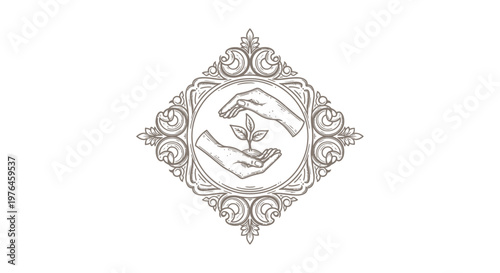 Vintage Engraved Hands Caring for Sprout in Ornate Frame