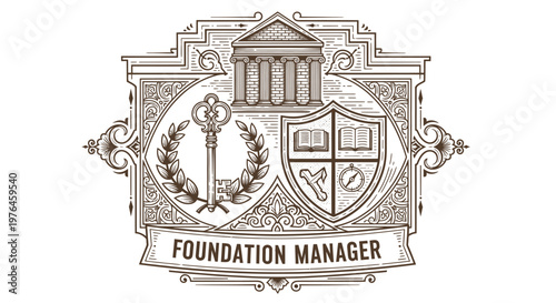 Vintage Foundation Manager Emblem with Key, Laurel Wreath, and Crest