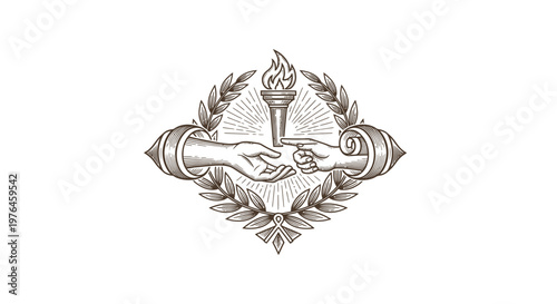 Vintage Engraved Torch Passing Symbol with Laurel Wreath and Hands
