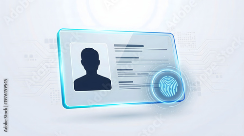 futuristic digital id card with biometric fingerprint scanning technology on a clean white background featuring a glowing virtual interface and electronic circuit patterns