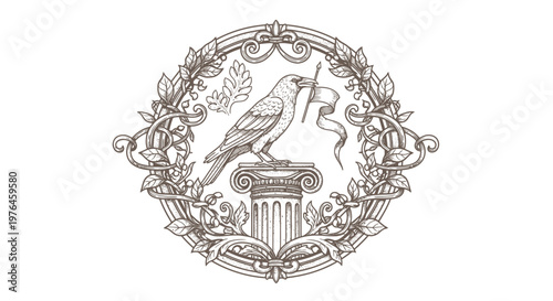 Vintage Engraved Raven Crest with Scroll and Laurel Wreath on Column