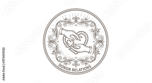 Vintage Donor Relations Emblem: Hands Sharing Heart, Filigree Border