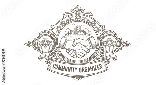 Community Organizer Emblem: Handshake, People, Town - Vintage Engraved Style