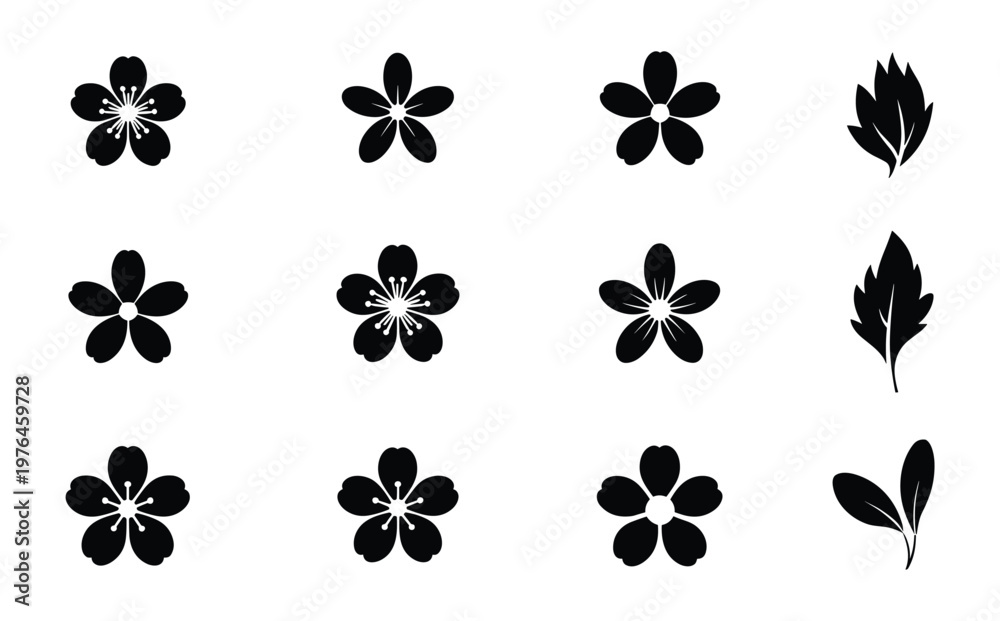 Fototapeta premium Set of black silhouette featuring various five petal cherry blossom flowers and different shaped botanical leaves arranged in a grid pattern on a white background
