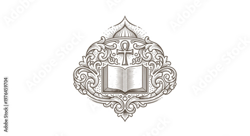 Vintage Engraved Emblem: Open Book, Ankh Symbol, Ornate Scrollwork
