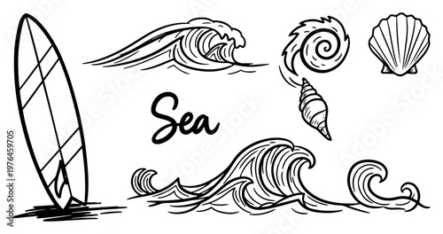 Ocean waves and surfboard with seashells in nautical doodle style