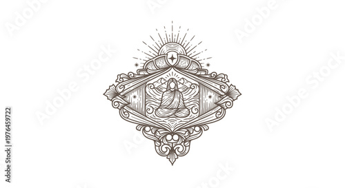 Vintage Engraved Buddha Meditation Emblem with Sunburst and Ornate Frame