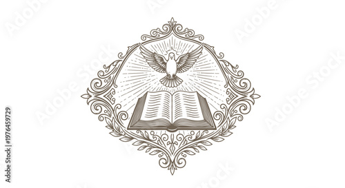 Vintage Engraved Holy Spirit Dove Over Open Bible in Ornate Frame