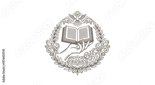 Vintage Engraved Open Book Held in Hand with Laurel Wreath and Dove