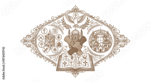 Vintage Engraved Emblem with Religious Symbols and Architectural Elements
