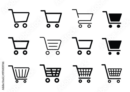 Set of twelve black shopping cart featuring various line weights and grid patterns arranged in a three by four grid on a white background