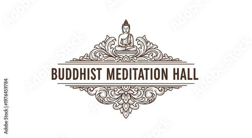 Vintage Buddhist Meditation Hall Logo with Buddha Silhouette and Ornate Flourish