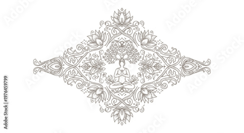 Vintage Engraved Mandala Lotus Tree Yoga Meditation Zen Harmony