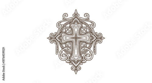 Vintage Engraved Christian Cross Emblem with Ornate Flourishes
