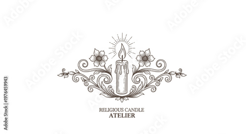 Vintage Engraved Candle Emblem with Floral Swirls and Rays of Light