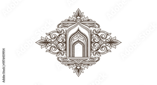 Vintage Engraved Decorative Ornament with Archway and Floral Elements