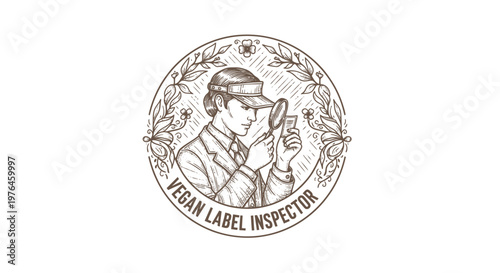 Vintage Vegan Label Inspector with Magnifying Glass, Engraved Style Logo