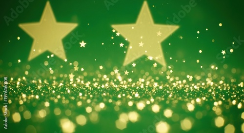 A lush green bokeh background featuring shimmering gold stars scattered across a soft blurred field, perfect for seasonal holiday greeting cards, elegant, decorative, glitter