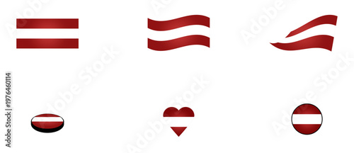 Conjunto de iconos de la bandera de Austria. Símbolo con forma de corazón, boton y circular. Ilustración para sitio web, app, folleto, diseño grafico, uso personal, locación, ubicación y otros.