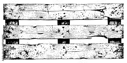 Weathered wooden pallet boards texture with grain and knots in detailed engraving style