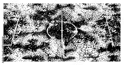 Soccer field with center circle and distressed grass texture in vintage etching style