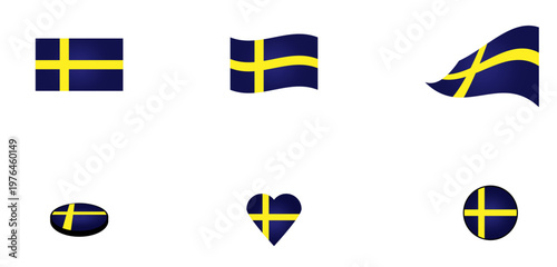 Conjunto de iconos de la bandera de Suecia. Símbolo con forma de corazón, boton y circular. Ilustración para sitio web, app, folleto, diseño grafico, uso personal, locación, ubicación y otros.